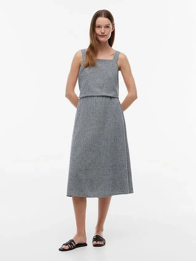 Saia Midi em Mistura de Linho e Gingham Saia Midi em Mistura de Linho e Gingham