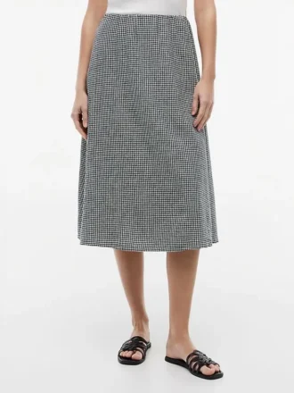 Saia Midi em Mistura de Linho e Gingham