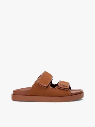 Sandália deslizante de couro nubuck com duas tiras Sandália deslizante de couro nubuck com duas tiras