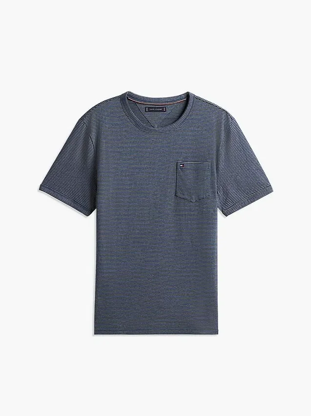 T-shirt com bolso em mistura de linho às riscas T-shirt com bolso em mistura de linho às riscas