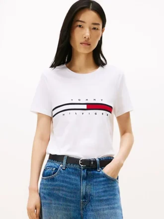 T-shirt com logótipo de riscas com bandeira bordado