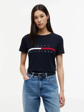 T-shirt com logótipo de riscas com bandeira bordado