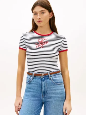 T-shirt com riscas e monograma bordado