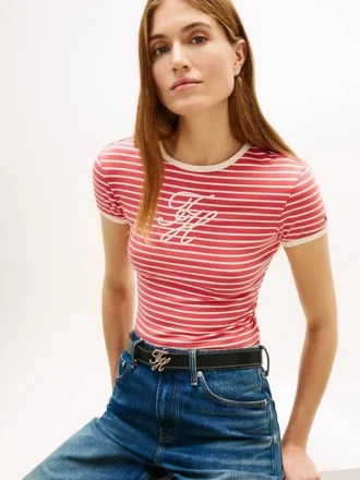 T-shirt com riscas e monograma bordado