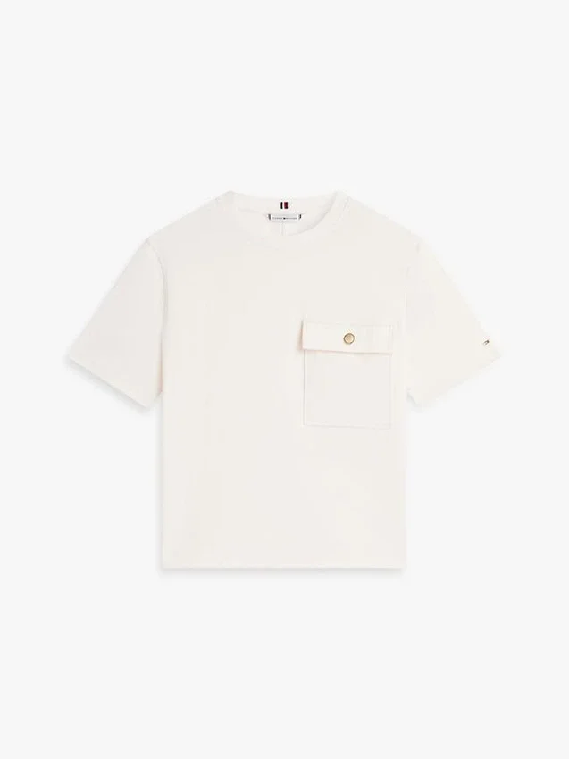 T-shirt de corte descontraído com bolso com botão dourado T-shirt de corte descontraído com bolso com botão dourado