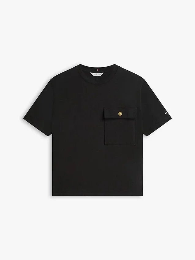 T-shirt de corte descontraído com bolso com botão dourado T-shirt de corte descontraído com bolso com botão dourado