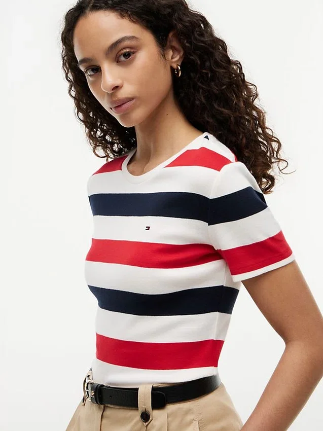 T-shirt de gola redonda com riscas de râguebi T-shirt de gola redonda com riscas de râguebi