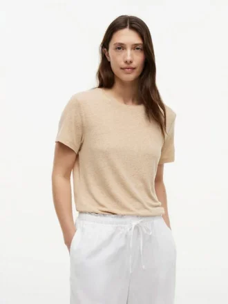 T-shirt de gola redonda em mistura de linho