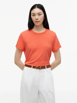 T-shirt de gola redonda em mistura de linho