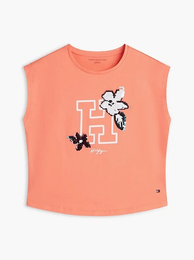T-shirt infantil com logótipo floral em lantejoulas T-shirt infantil com logótipo floral em lantejoulas