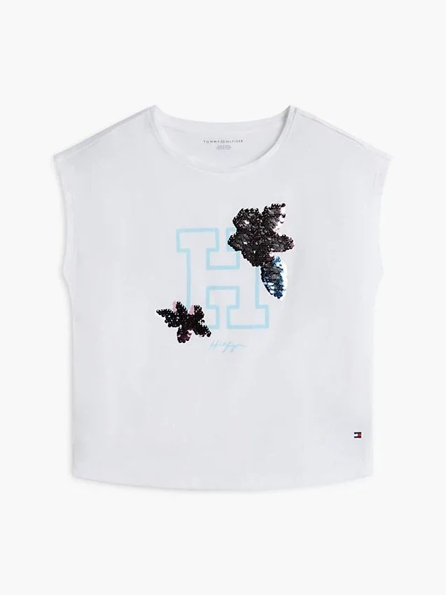 T-shirt infantil com logótipo floral em lantejoulas T-shirt infantil com logótipo floral em lantejoulas