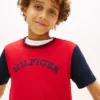 T-shirt infantil com logótipo monotipo e blocos de cor T-shirt infantil com logótipo monotipo e blocos de cor