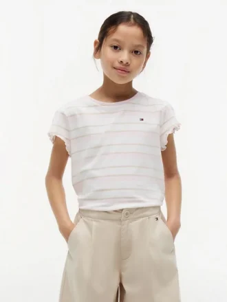 T-shirt infantil com riscas e acabamento em folha de alface nas mangas T-shirt infantil com riscas e acabamento em folha de alface nas mangas