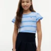 T-shirt infantil com riscas e acabamento em folha de alface nas mangas T-shirt infantil com riscas e acabamento em folha de alface nas mangas