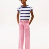 T-shirt infantil com riscas e acabamento em folha de alface nas mangas T-shirt infantil com riscas e acabamento em folha de alface nas mangas