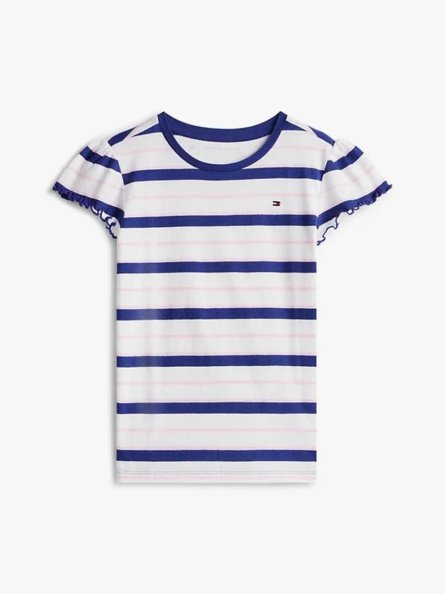 T-shirt infantil com riscas e acabamento em folha de alface nas mangas T-shirt infantil com riscas e acabamento em folha de alface nas mangas