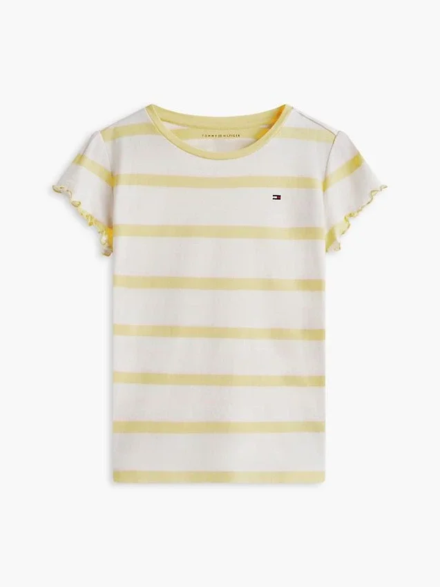 T-shirt infantil com riscas e acabamento em folha de alface nas mangas T-shirt infantil com riscas e acabamento em folha de alface nas mangas