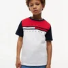 T-shirt infantil com riscas e bandeiras em blocos de cor T-shirt infantil com riscas e bandeiras em blocos de cor