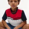 T-shirt infantil com riscas e bandeiras em blocos de cor T-shirt infantil com riscas e bandeiras em blocos de cor