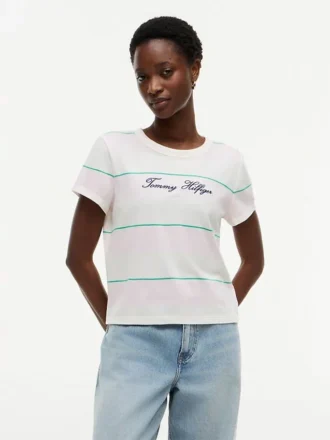 T-shirt às riscas com logótipo bordado