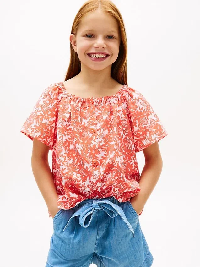 Top infantil com mangas bufantes e estampado tropical Top infantil com mangas bufantes e estampado tropical
