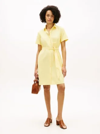 Vestido camisa com cinto em mistura de linho e algodão