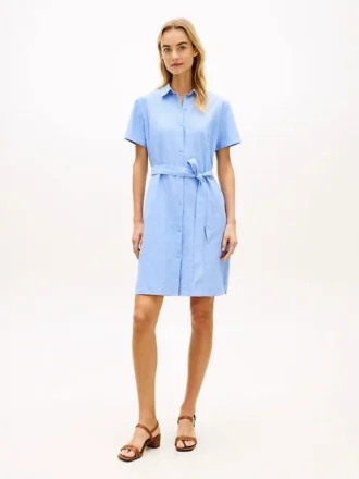 Vestido camisa com cinto em mistura de linho e algodão