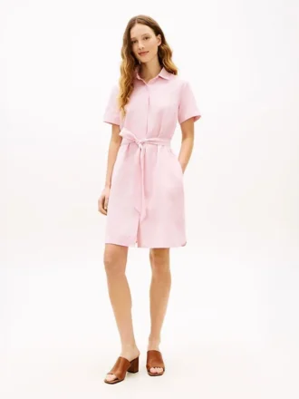 Vestido camisa com cinto em mistura de linho e algodão