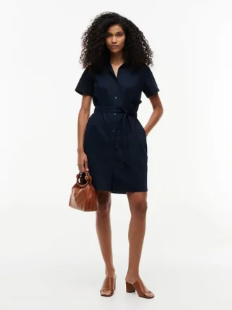 Vestido camisa com cinto em mistura de linho e algodão