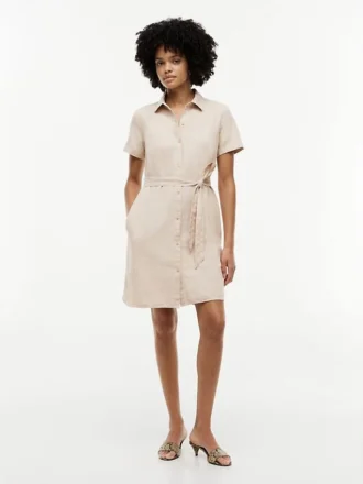 Vestido camisa com cinto em mistura de linho e algodão