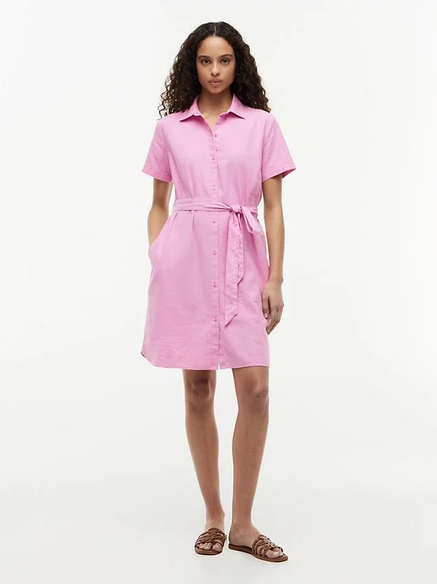 Vestido camisa com cinto em mistura de linho e algodão Vestido camisa com cinto em mistura de linho e algodão