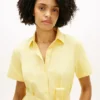 Vestido camisa com cinto em mistura de linho e algodão Vestido camisa com cinto em mistura de linho e algodão