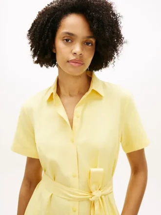 Vestido camisa com cinto em mistura de linho e algodão