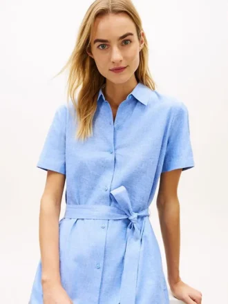 Vestido camisa com cinto em mistura de linho e algodão