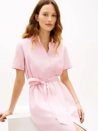 Vestido camisa com cinto em mistura de linho e algodão