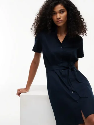 Vestido camisa com cinto em mistura de linho e algodão
