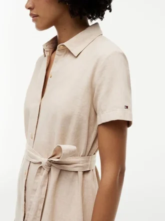 Vestido camisa com cinto em mistura de linho e algodão