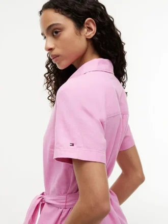 Vestido camisa com cinto em mistura de linho e algodão