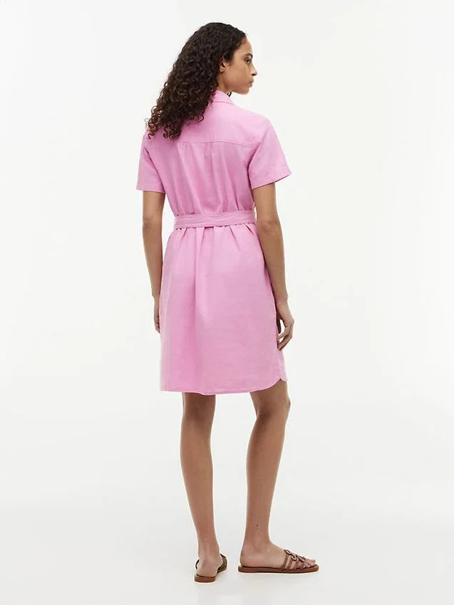 Vestido camisa com cinto em mistura de linho e algodão Vestido camisa com cinto em mistura de linho e algodão