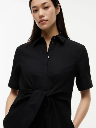Vestido camisa com laço à frente em mistura de linho