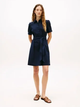 Vestido camisa com mangas bufantes e cinto