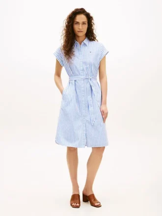 Vestido camisa de popeline às riscas com cinto