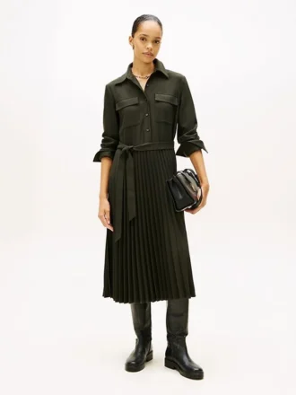 Vestido camisa de sarja plissado com cinto