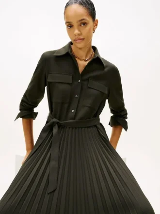 Vestido camisa de sarja plissado com cinto