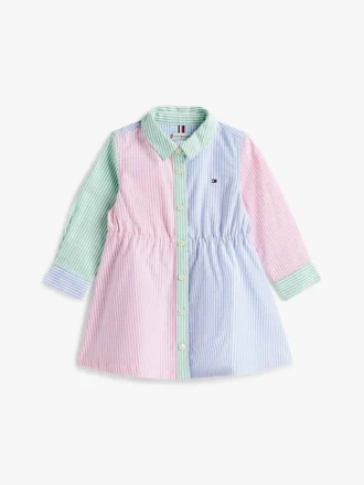Vestido-camisa elástico com riscas mistas para bebés