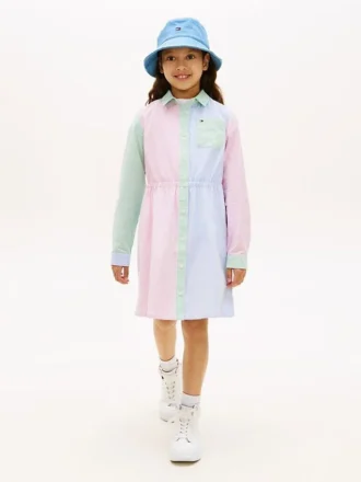 Vestido-camisa elástico com riscas mistas para criança
