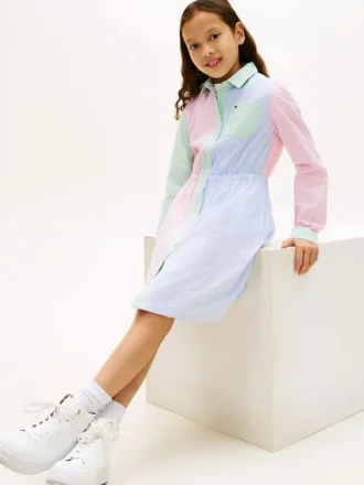 Vestido-camisa elástico com riscas mistas para criança