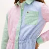 Vestido-camisa elástico com riscas mistas para criança Vestido-camisa elástico com riscas mistas para criança