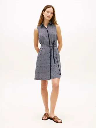 Vestido camisa em crepe com padrão TH Grid e cinto