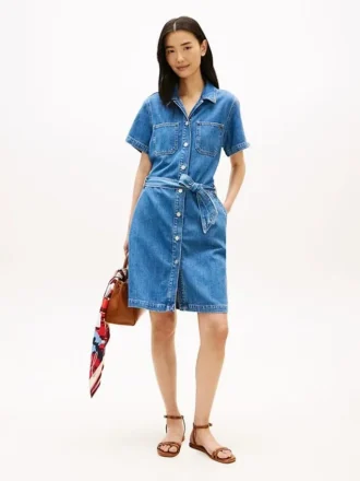 Vestido camisa em ganga de lavagem média com cinto